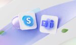 Skype and Teams logos in boxes on a pastel background