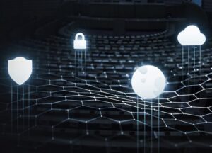 Black and white stylized image of a padlock, secure shield and cloud