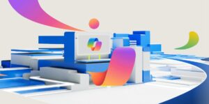 M365 copilot logo surrounded by colorful abstract shapes
