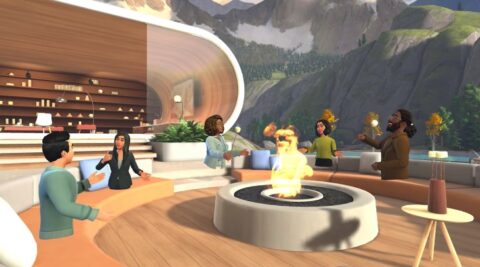 A modern conference room with cartoon-like characters in Microsoft Mesh