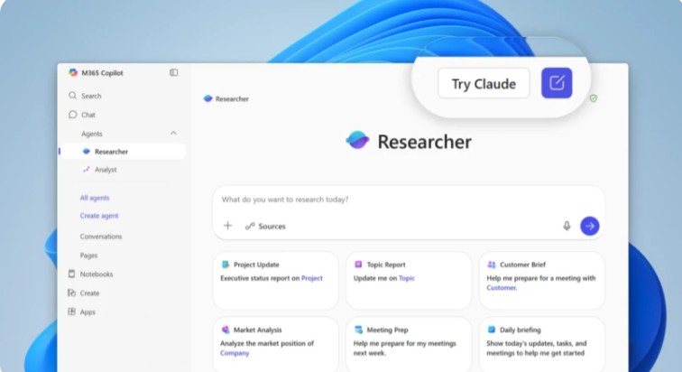 Microsoft Researcher agent screen showing Try Claude option