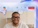 Copilot Chat image in background with a smiling employee in foreground