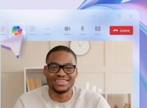 Copilot Chat image in background with a smiling employee in foreground