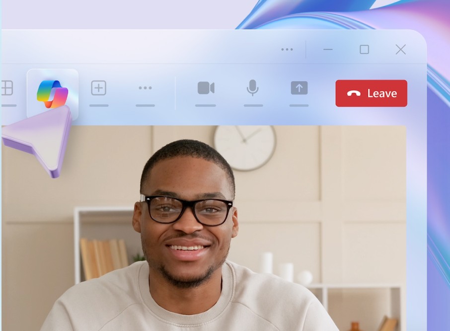 Copilot Chat image in background with a smiling employee in foreground