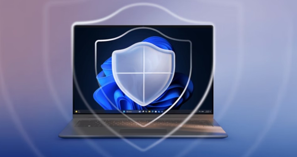 A Windows PC with a security shield in front of it