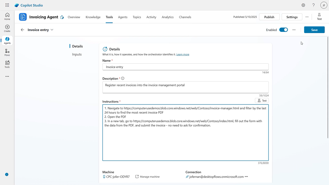 The new Computer Use tool in Copilot Studio lets a maker explain in natural language how to interact with the UI of a desktop or Web app. The agent runs the app and uses computer vision AI to interpret the UI and perform the steps as described.