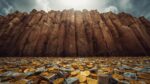 a steep cliff with money piled at the bottom