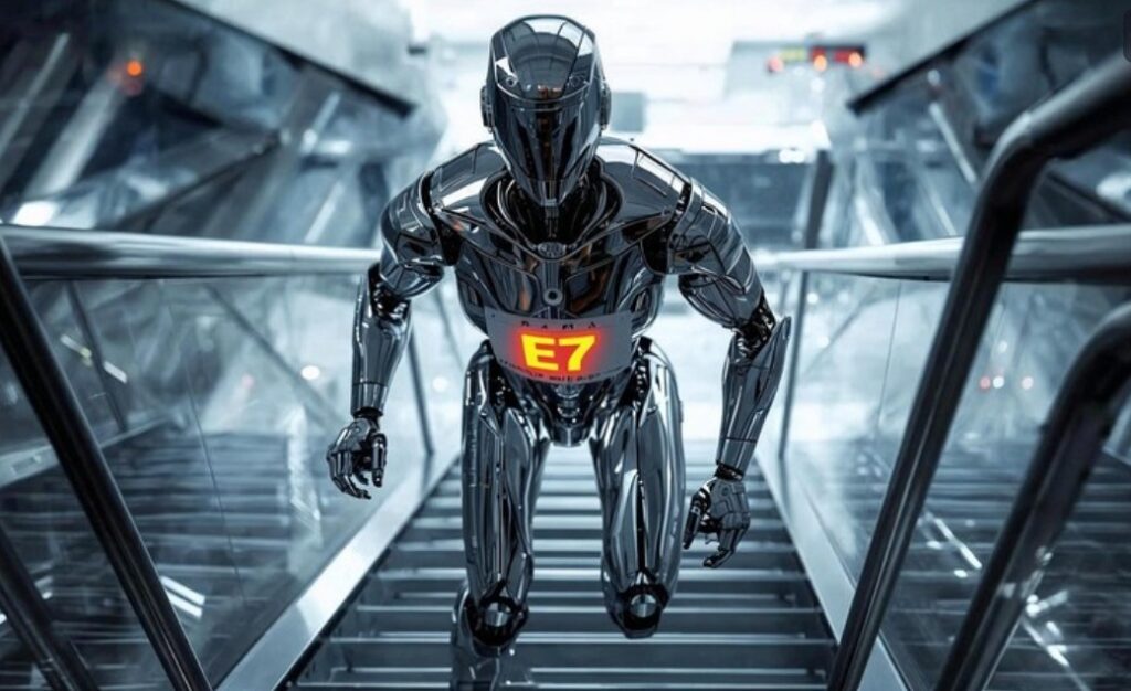 A silver robot with an E7 on its chest going up an escalator