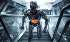 A silver robot with an E7 on its chest going up an escalator