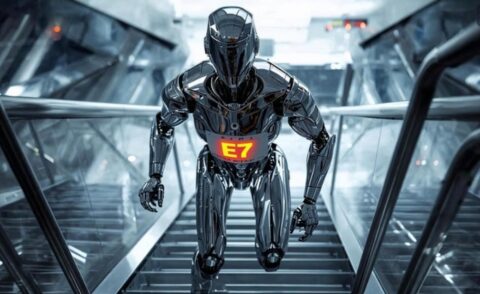 A silver robot with an E7 on its chest going up an escalator