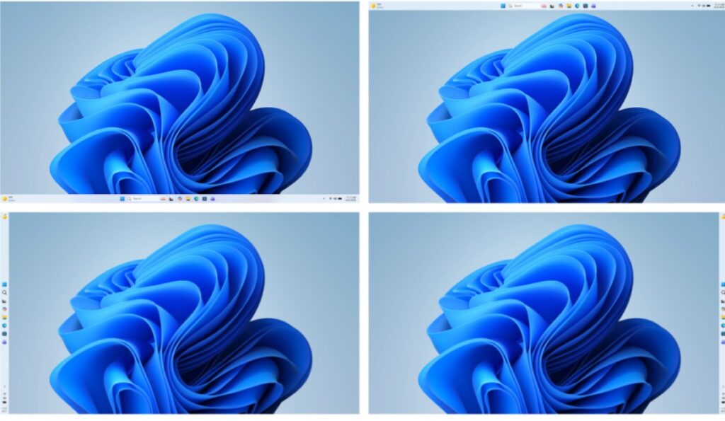 Four Windows 11 screens, each with the taskbar in a different position