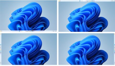 Four Windows 11 screens, each with the taskbar in a different position