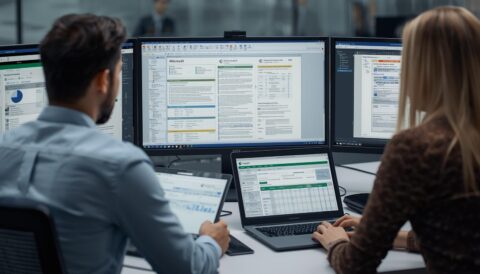 Two people looking at screens and documents in an audit