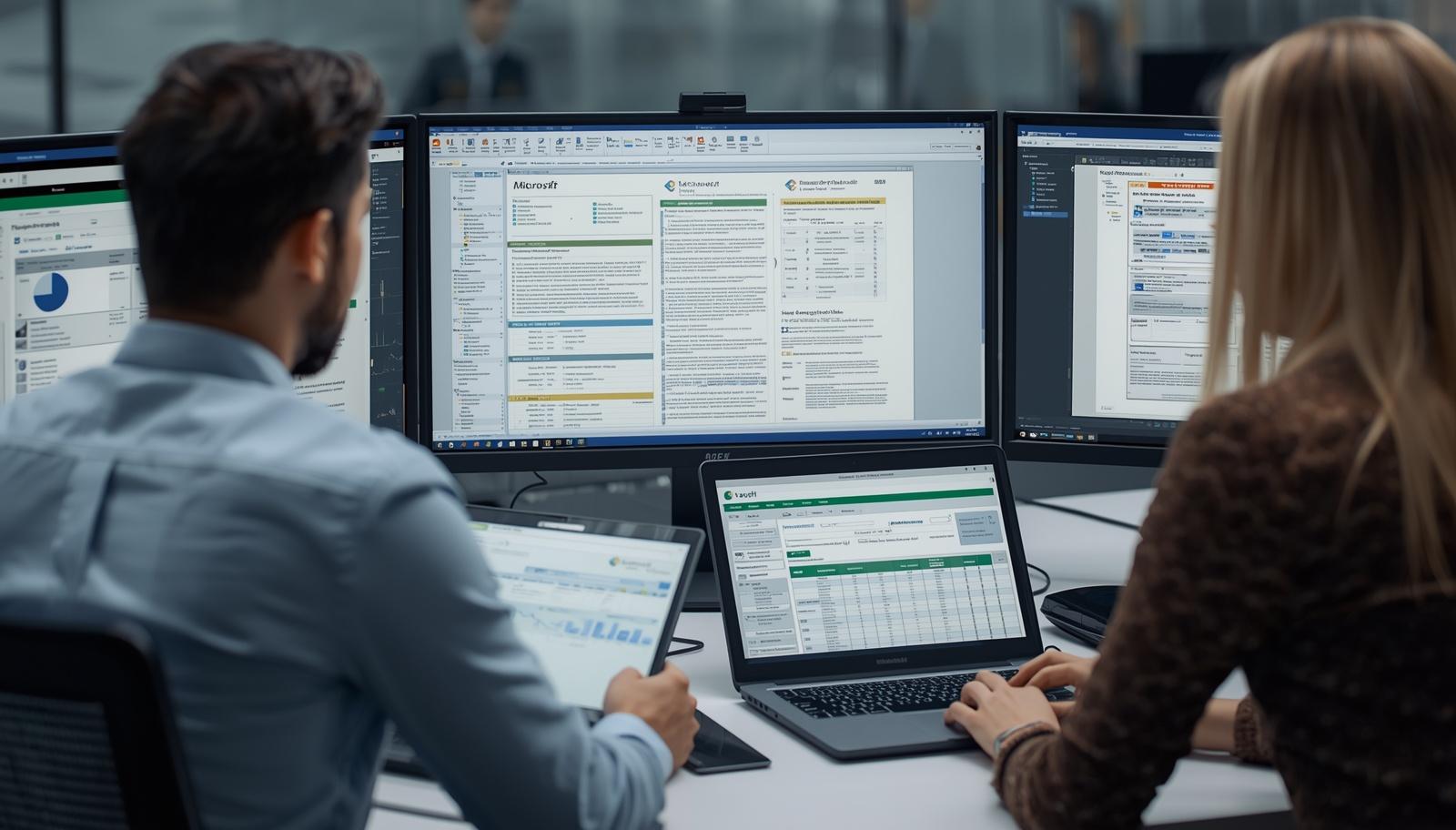 Two people looking at screens and documents in an audit