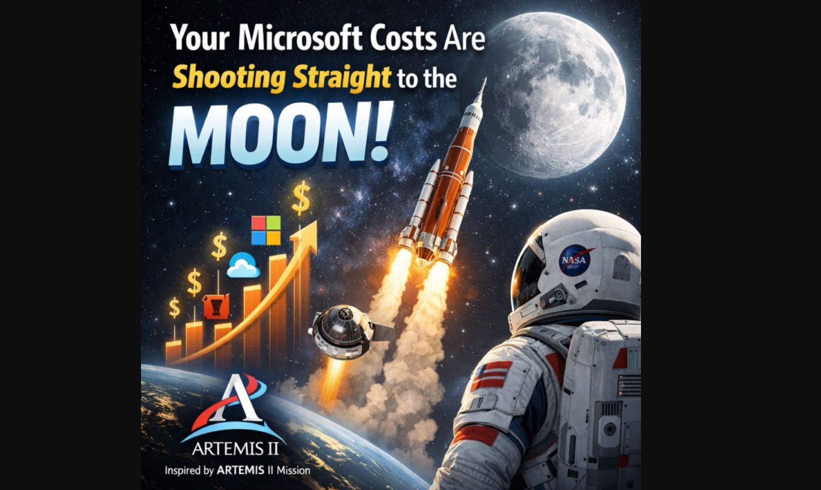 The Artemis 2 ship going toward the moon alongside a graph of Microsoft costs