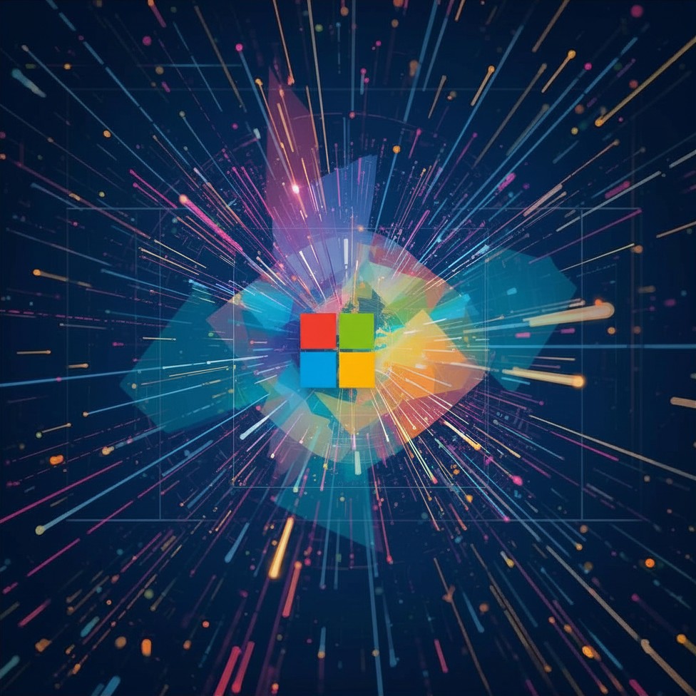 an abstract image of an exploding world with a microsoft logo at the center