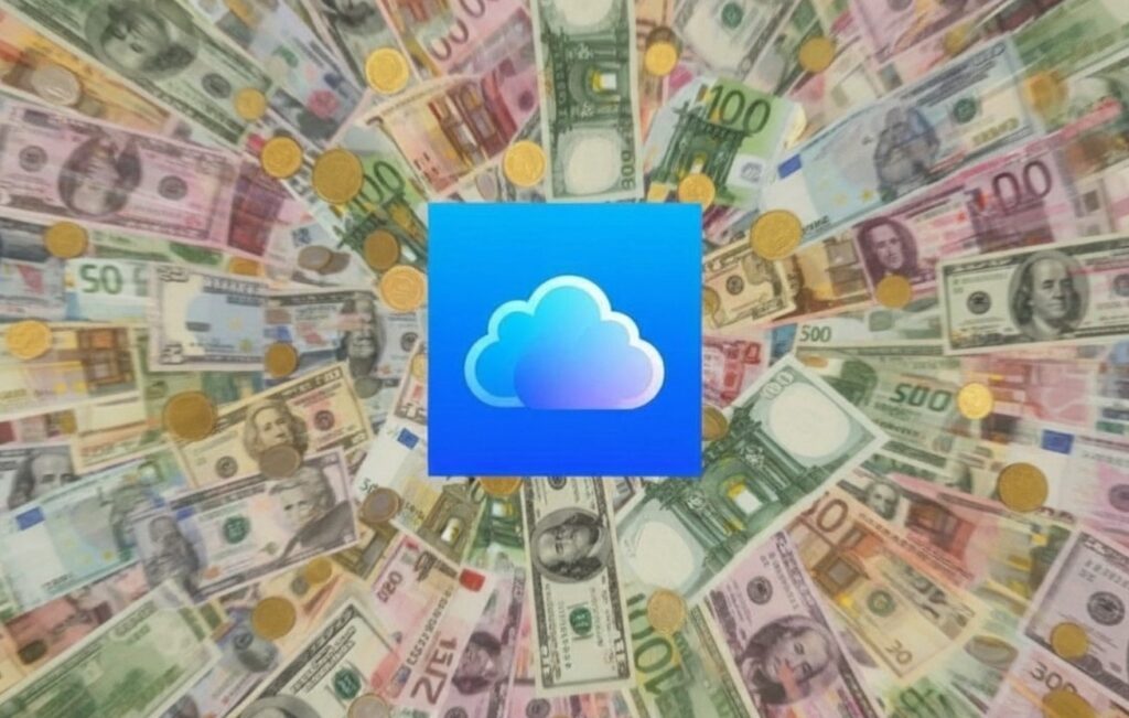 Microsoft cloud logo surrounded by currencies of all kinds
