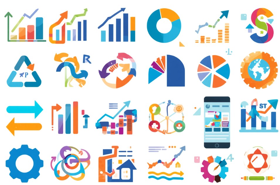 a bunch of colorful graphs and charts meant to look like a playbook illustration