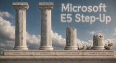 four pillars in front of a blue sky with clouds