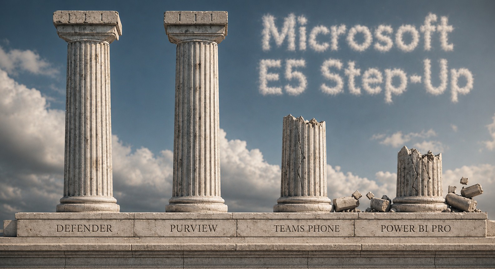 four pillars in front of a blue sky with clouds