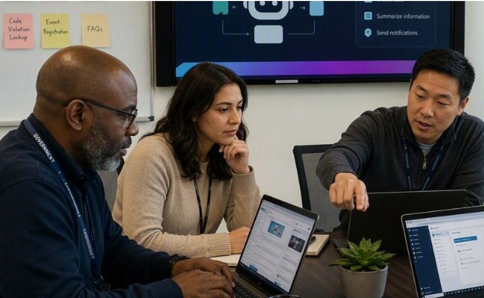 three workers in a meeting with laptops