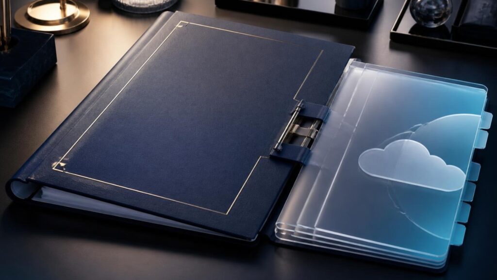 a navy blue binder with an agreement attached via a clip to another smaller binder with a cloud cover