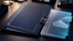 a navy blue binder with an agreement attached via a clip to another smaller binder with a cloud cover